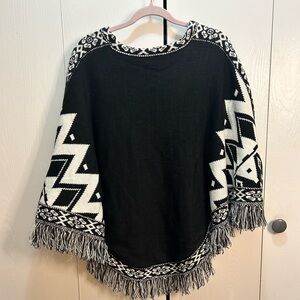 Black and White Fringed Poncho Sweater